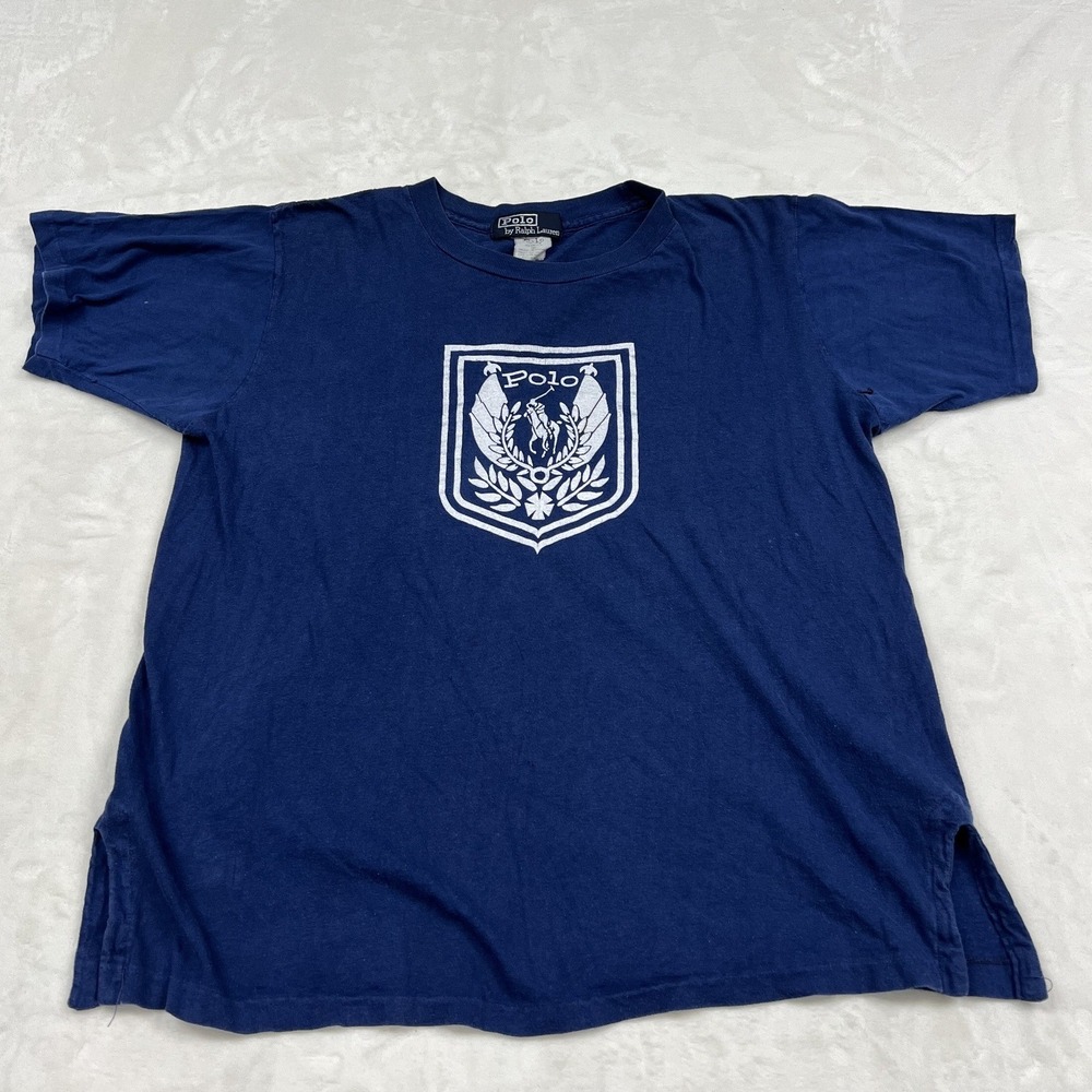 90 boot Polo Ralph Lauren T-Shirt Mens M Navy Blue Crest Graphic Vintage